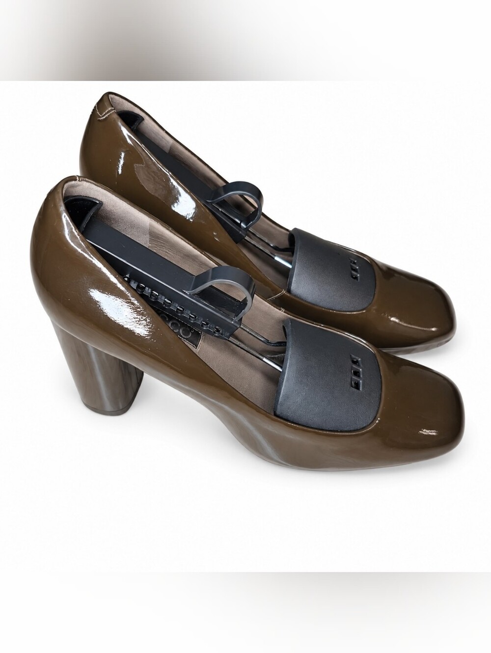 ECCO Brown Patent Leather Pumps Women 41 10  Square Toe Block Heel Retro 90s Mod